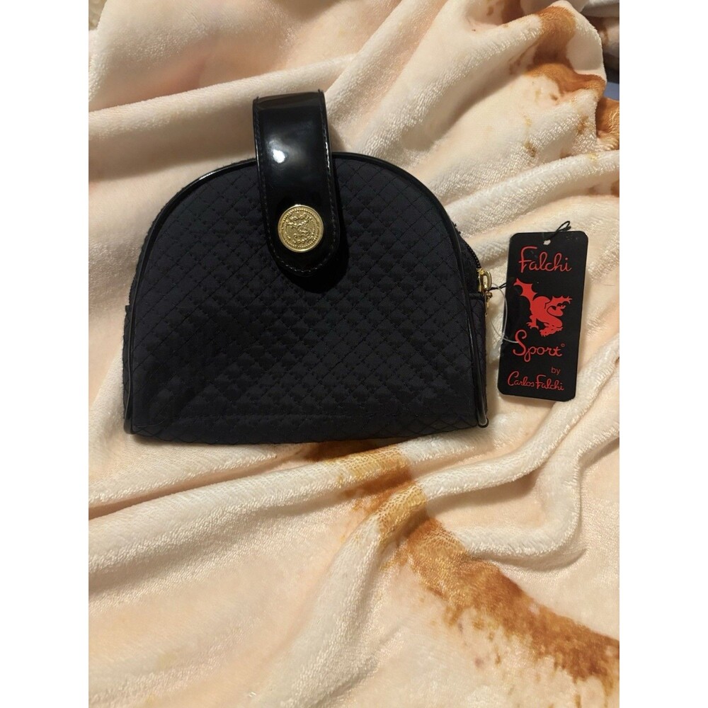 Carlos Falchi Black Diamond Quilted Top Handle Bag with Gold Tone Medallion